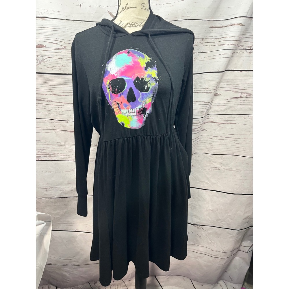 Torrid Womens Black Watercolor Skull Graphic Hooded Empire Waist Dress Size 00